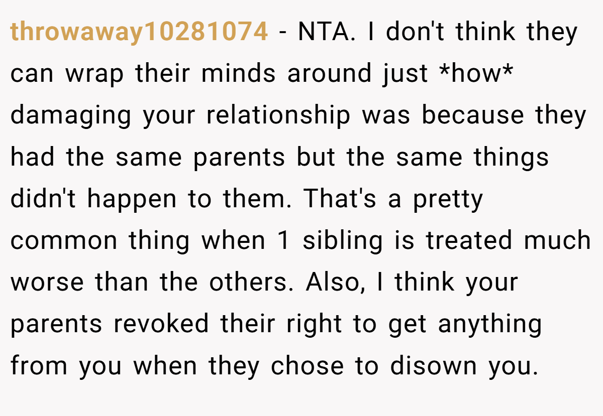throwaway10281074 − NTA. I don't think they can wrap their minds around just *how* damaging your relationship was because they had the same parents but the same things didn't happen to them. That's a pretty common thing when 1 sibling is treated much worse than the others. Also, I think your parents revoked their right to get anything from you when they chose to disown you.