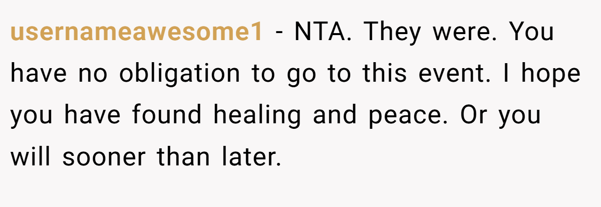 usernameawesome1 − NTA. They were. You have no obligation to go to this event. I hope you have found healing and peace. Or you will sooner than later.