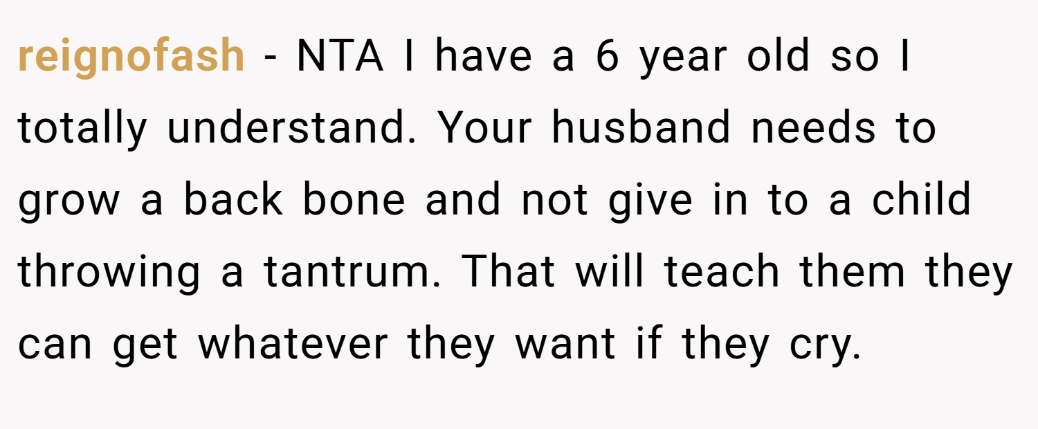 reignofash − NTA I have a 6 year old so I totally understand. Your husband needs to grow a back bone and not give in to a child throwing a tantrum. That will teach them they can get whatever they want if they cry.