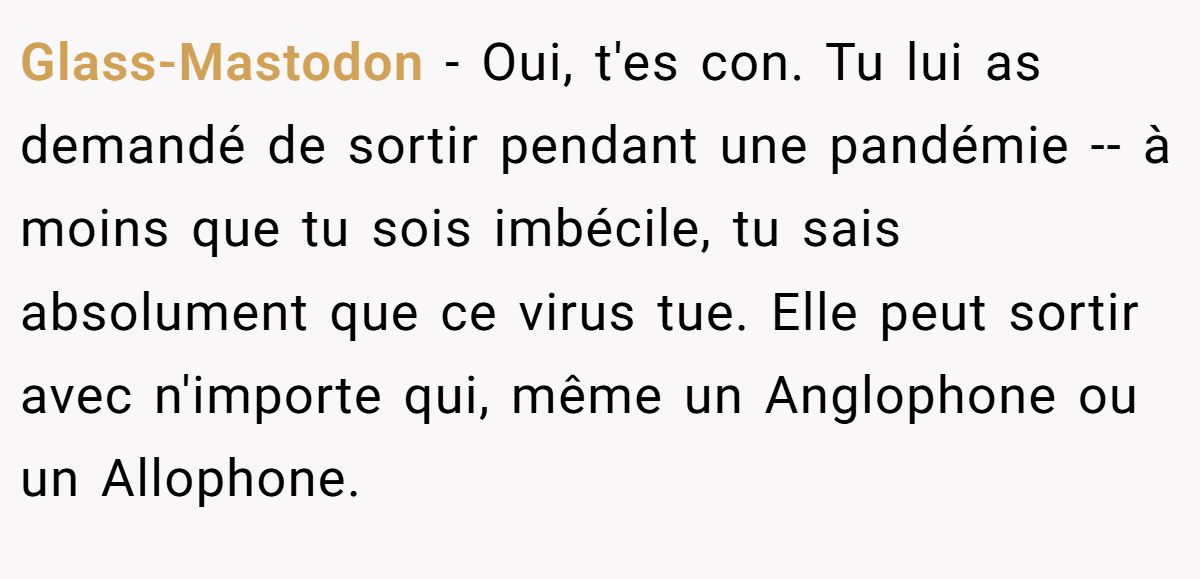 Glass-Mastodon − Oui, t'es con. Tu lui as demandé de sortir pendant une pandémie -- à moins que tu sois imbécile, tu sais absolument que ce virus tue. Elle peut sortir avec n'importe qui, même un Anglophone ou un Allophone.