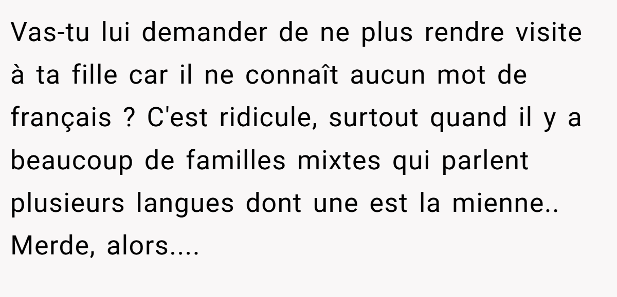 Vas-tu lui demander de ne plus rendre visite à ta fille car il ne connaît aucun mot de français ? C'est ridicule, surtout quand il y a beaucoup de familles mixtes qui parlent plusieurs langues dont une est la mienne.. Merde, alors....