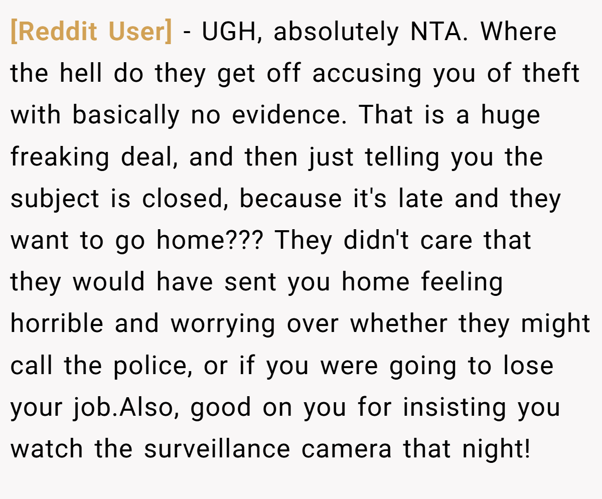 [Reddit User] − UGH, absolutely NTA. Where the hell do they get off accusing you of theft with basically no evidence. That is a huge freaking deal, and then just telling you the subject is closed, because it's late and they want to go home??? They didn't care that they would have sent you home feeling horrible and worrying over whether they might call the police, or if you were going to lose your job.Also, good on you for insisting you watch the surveillance camera that night!