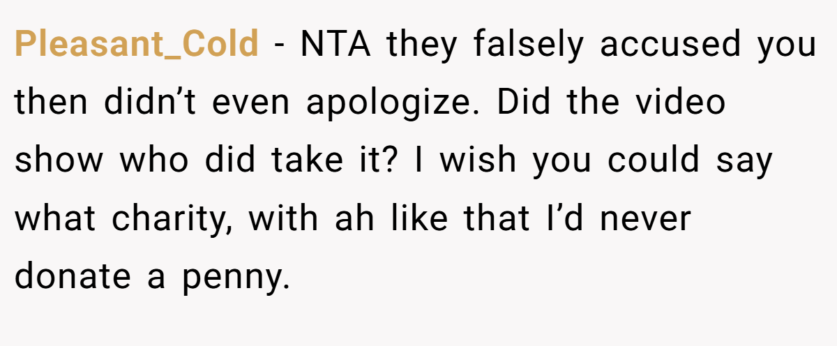 Pleasant_Cold − NTA they falsely accused you then didn’t even apologize. Did the video show who did take it? I wish you could say what charity, with ah like that I’d never donate a penny.