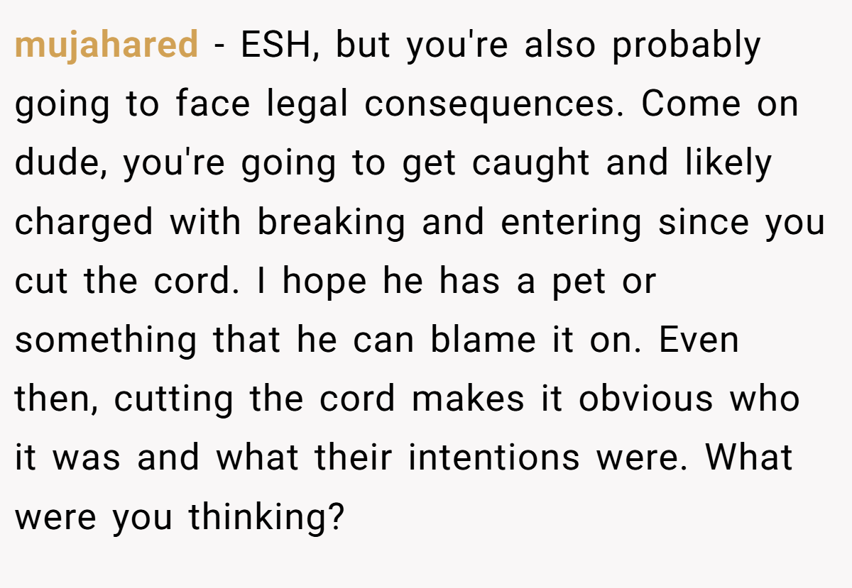 mujahared − ESH, but you're also probably going to face legal consequences. Come on dude, you're going to get caught and likely charged with breaking and entering since you cut the cord. I hope he has a pet or something that he can blame it on. Even then, cutting the cord makes it obvious who it was and what their intentions were. What were you thinking?