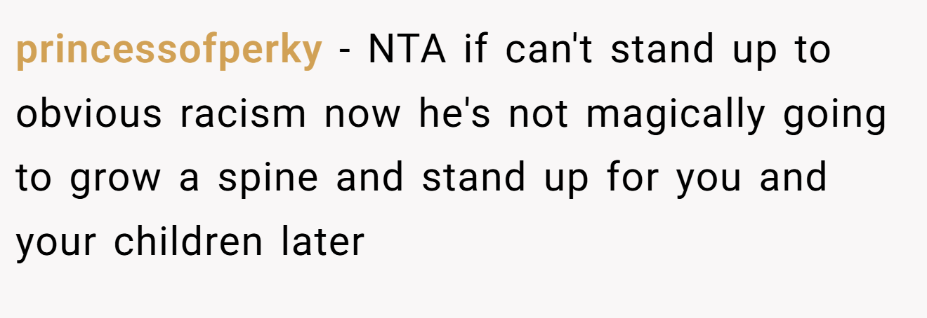 princessofperky - NTA if can't stand up to obvious racism now he's not magically going to grow a spine and stand up for you and your children later