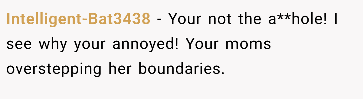 Intelligent-Bat3438 − Your not the a**hole! I see why your annoyed! Your moms overstepping her boundaries.