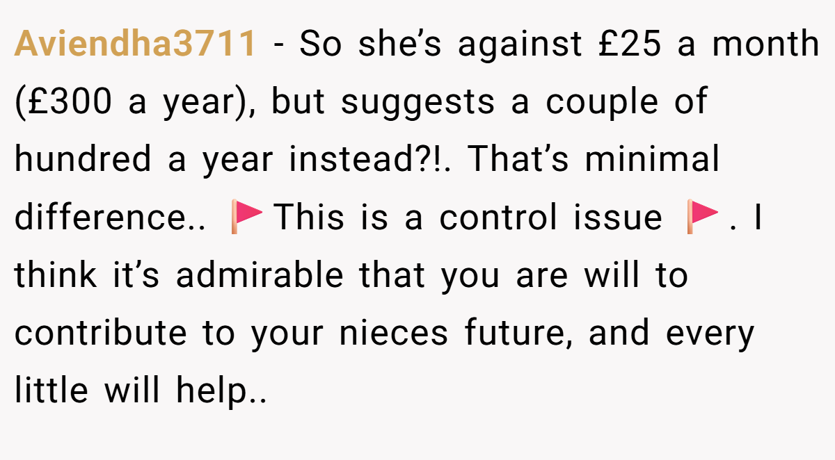 Aviendha3711 − So she’s against £25 a month (£300 a year), but suggests a couple of hundred a year instead?!. That’s minimal difference.. 🚩This is a control issue 🚩. I think it’s admirable that you are will to contribute to your nieces future, and every little will help..