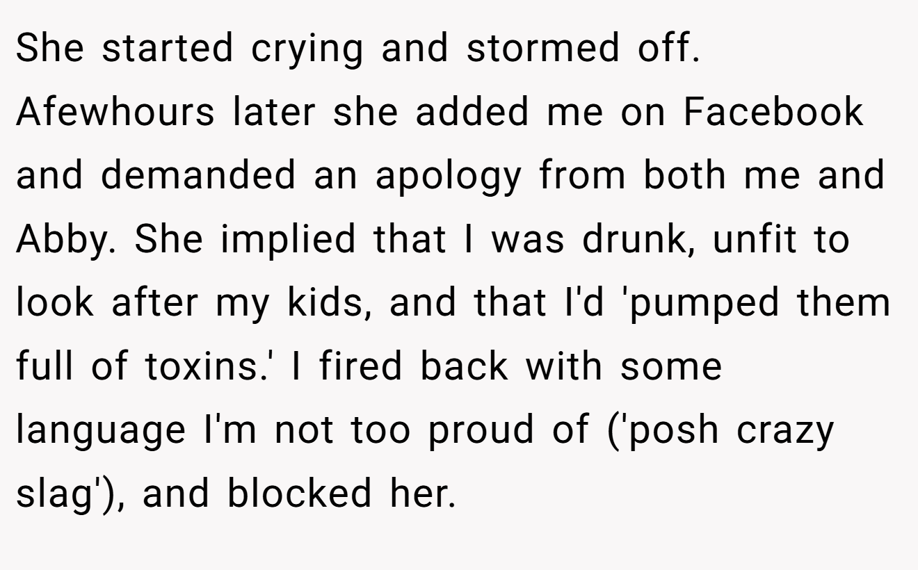She started crying and stormed off. Afewhours later she added me on Facebook and demanded an apology from both me and Abby. She implied that I was drunk, unfit to look after my kids, and that I'd 'pumped them full of toxins.' I fired back with some language I'm not too proud of ('posh crazy slag'), and blocked her.