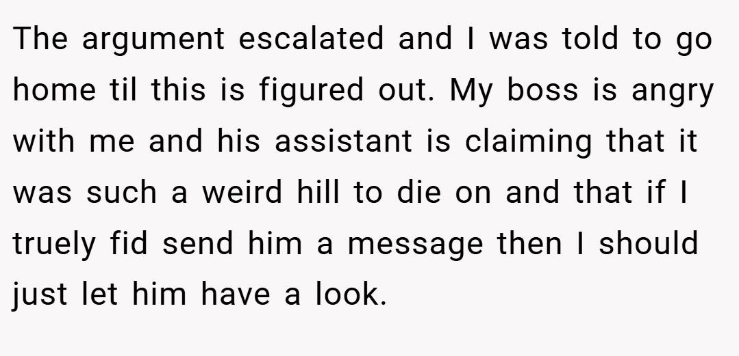 The argument escalated and I was told to go home til this is figured out. My boss is angry with me and his assistant is claiming that it was such a weird hill to die on and that if I truely fid send him a message then I should just let him have a look.