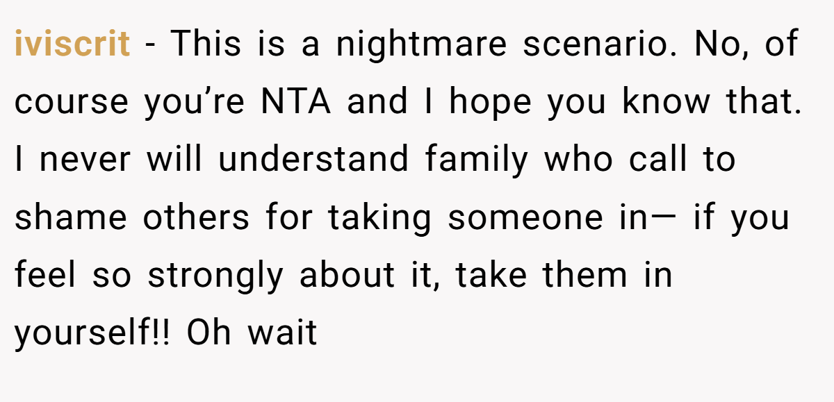 iviscrit − This is a nightmare scenario. No, of course you’re NTA and I hope you know that. I never will understand family who call to shame others for taking someone in— if you feel so strongly about it, take them in yourself!! Oh wait
