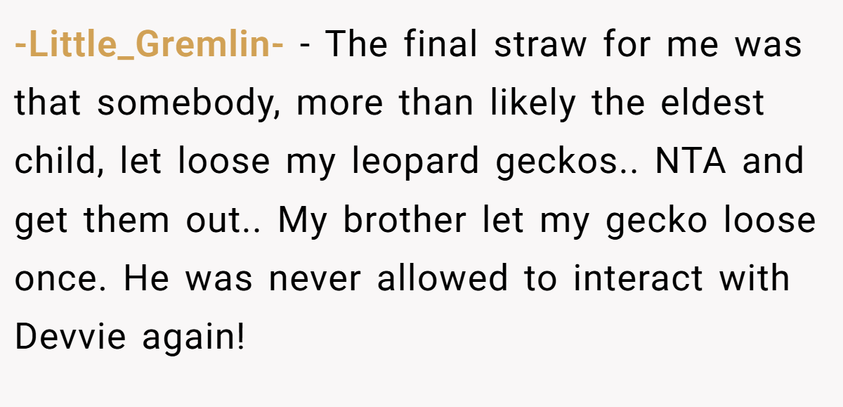 -Little_Gremlin- − The final straw for me was that somebody, more than likely the eldest child, let loose my leopard geckos.. NTA and get them out.. My brother let my gecko loose once. He was never allowed to interact with Devvie again!