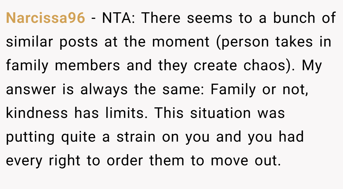 Narcissa96 − NTA: There seems to a bunch of similar posts at the moment (person takes in family members and they create chaos). My answer is always the same: Family or not, kindness has limits. This situation was putting quite a strain on you and you had every right to order them to move out.