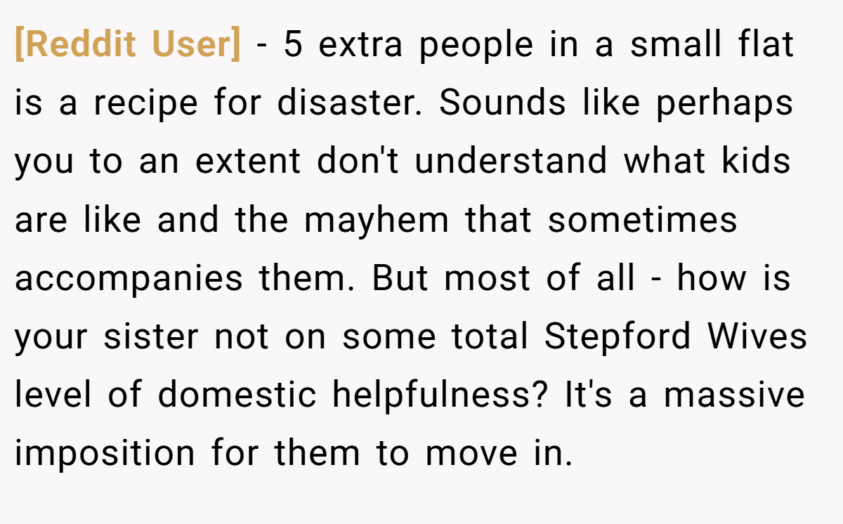 [Reddit User] − 5 extra people in a small flat is a recipe for disaster. Sounds like perhaps you to an extent don't understand what kids are like and the mayhem that sometimes accompanies them. But most of all - how is your sister not on some total Stepford Wives level of domestic helpfulness? It's a massive imposition for them to move in.