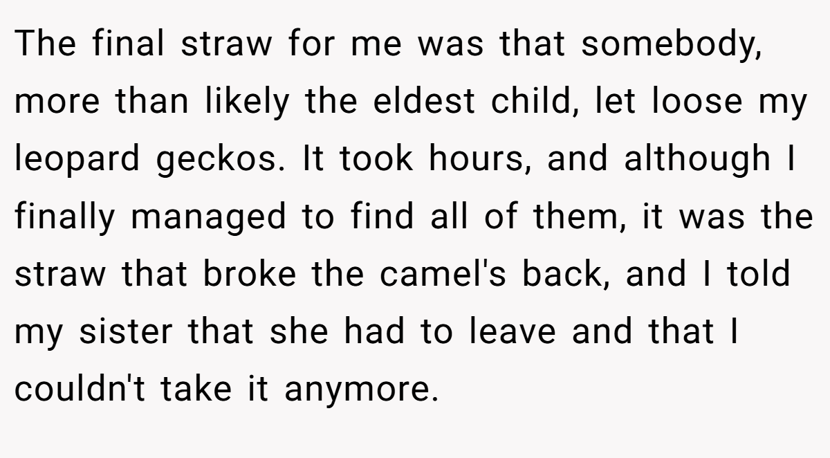 The final straw for me was that somebody, more than likely the eldest child, let loose my leopard geckos. It took hours, and although I finally managed to find all of them, it was the straw that broke the camel's back, and I told my sister that she had to leave and that I couldn't take it anymore.
