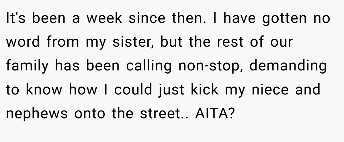 It's been a week since then. I have gotten no word from my sister, but the rest of our family has been calling non-stop, demanding to know how I could just kick my niece and nephews onto the street.. AITA?