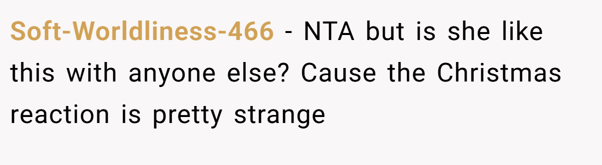 Soft-Worldliness-466 − NTA but is she like this with anyone else? Cause the Christmas reaction is pretty strange