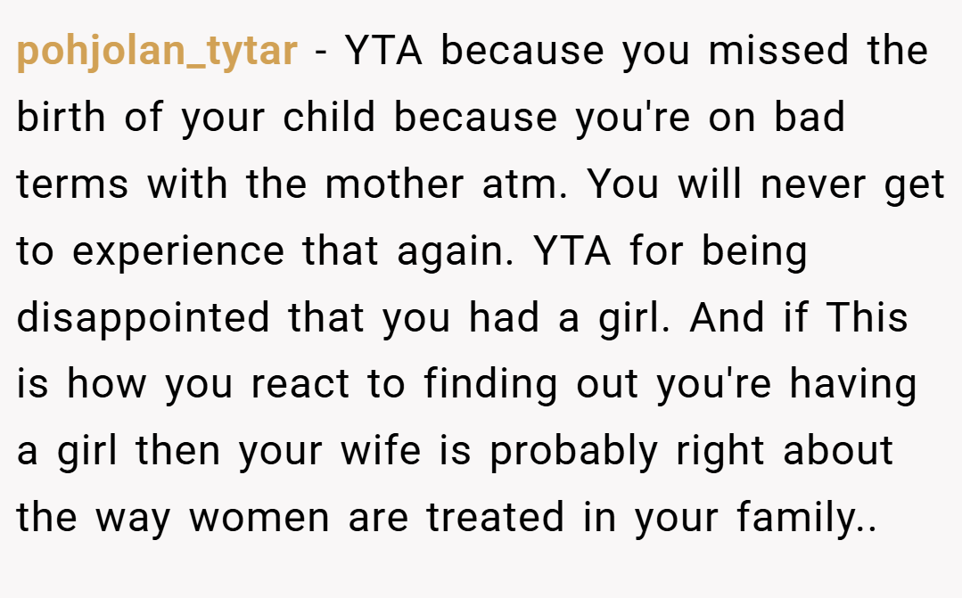 pohjolan_tytar − YTA because you missed the birth of your child because you're on bad terms with the mother atm. You will never get to experience that again. YTA for being disappointed that you had a girl. And if This is how you react to finding out you're having a girl then your wife is probably right about the way women are treated in your family..