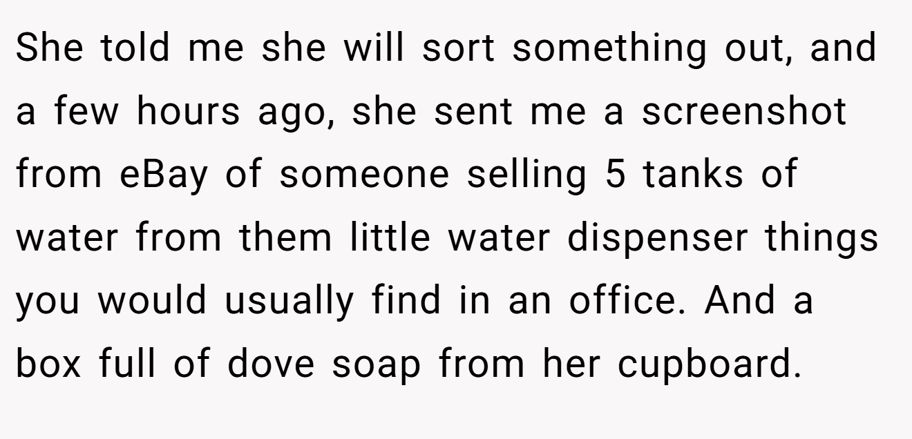 She told me she will sort something out, and a few hours ago, she sent me a screenshot from eBay of someone selling 5 tanks of water from them little water dispenser things you would usually find in an office. And a box full of dove soap from her cupboard.