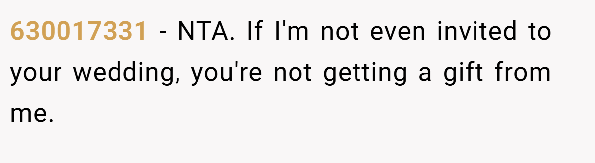 630017331 − NTA. If I'm not even invited to your wedding, you're not getting a gift from me.