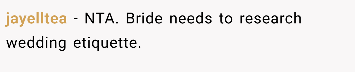 jayelltea − NTA. Bride needs to research wedding etiquette.