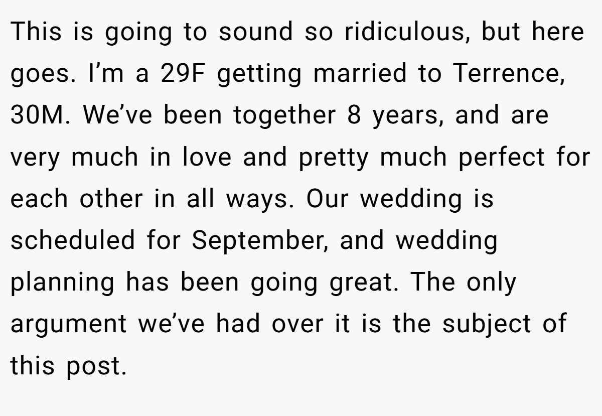This is going to sound so ridiculous, but here goes. I’m a 29F getting married to Terrence, 30M. We’ve been together 8 years, and are very much in love and pretty much perfect for each other in all ways. Our wedding is scheduled for September, and wedding planning has been going great. The only argument we’ve had over it is the subject of this post.