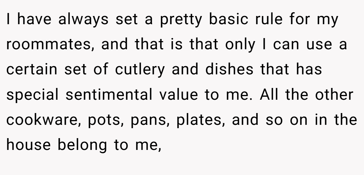 I have always set a pretty basic rule for my roommates, and that is that only I can use a certain set of cutlery and dishes that has special sentimental value to me. All the other cookware, pots, pans, plates, and so on in the house belong to me,