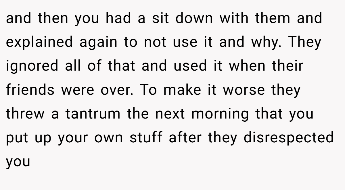 and then you had a sit down with them and explained again to not use it and why. They ignored all of that and used it when their friends were over. To make it worse they threw a tantrum the next morning that you put up your own stuff after they disrespected you