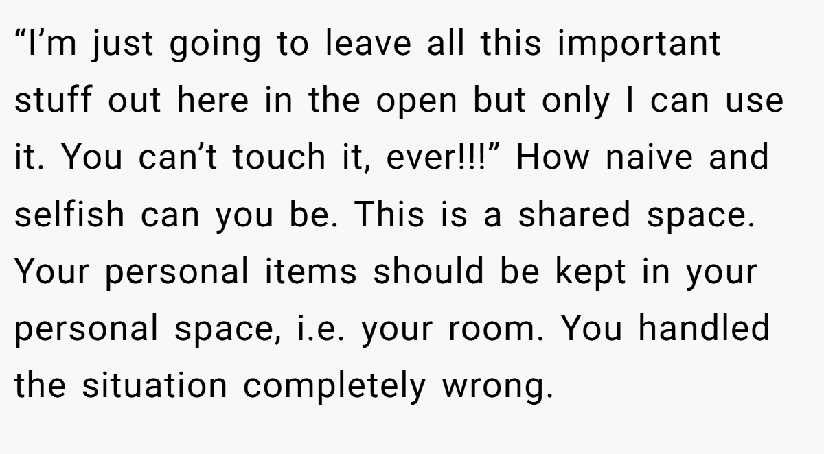“I’m just going to leave all this important stuff out here in the open but only I can use it. You can’t touch it, ever!!!” How naive and selfish can you be. This is a shared space. Your personal items should be kept in your personal space, i.e. your room. You handled the situation completely wrong.