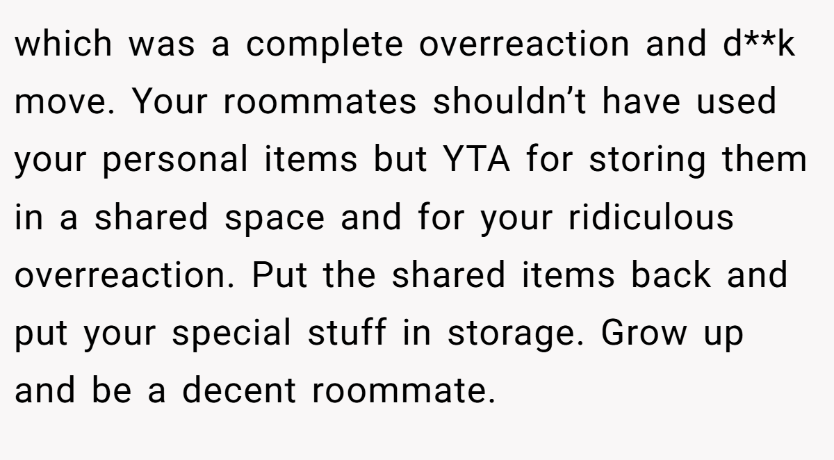 which was a complete overreaction and d**k move. Your roommates shouldn’t have used your personal items but YTA for storing them in a shared space and for your ridiculous overreaction. Put the shared items back and put your special stuff in storage. Grow up and be a decent roommate.