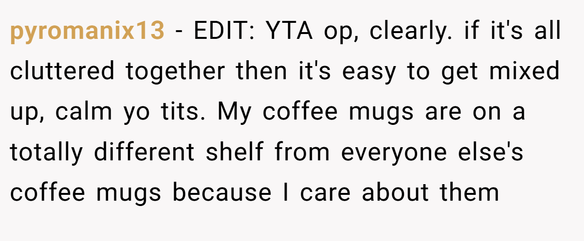 pyromanix13 − EDIT: YTA op, clearly. if it's all cluttered together then it's easy to get mixed up, calm yo tits. My coffee mugs are on a totally different shelf from everyone else's coffee mugs because I care about them