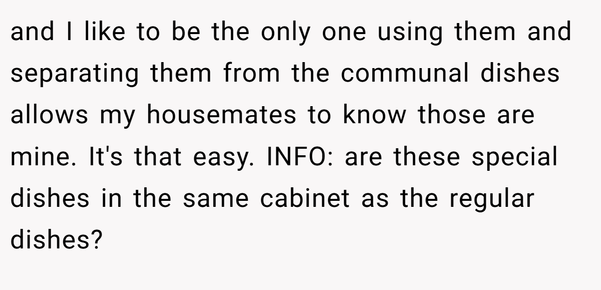 and I like to be the only one using them and separating them from the communal dishes allows my housemates to know those are mine. It's that easy. INFO: are these special dishes in the same cabinet as the regular dishes?
