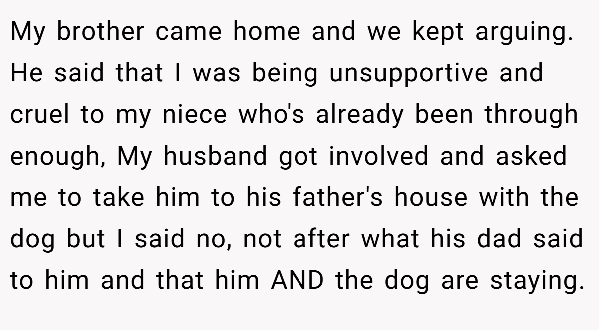 My brother came home and we kept arguing. He said that I was being unsupportive and cruel to my niece who's already been through enough, My husband got involved and asked me to take him to his father's house with the dog but I said no, not after what his dad said to him and that him AND the dog are staying.