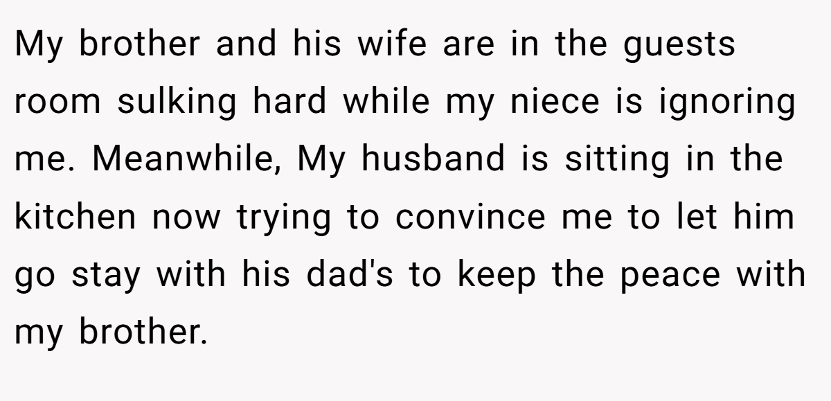My brother and his wife are in the guests room sulking hard while my niece is ignoring me. Meanwhile, My husband is sitting in the kitchen now trying to convince me to let him go stay with his dad's to keep the peace with my brother.