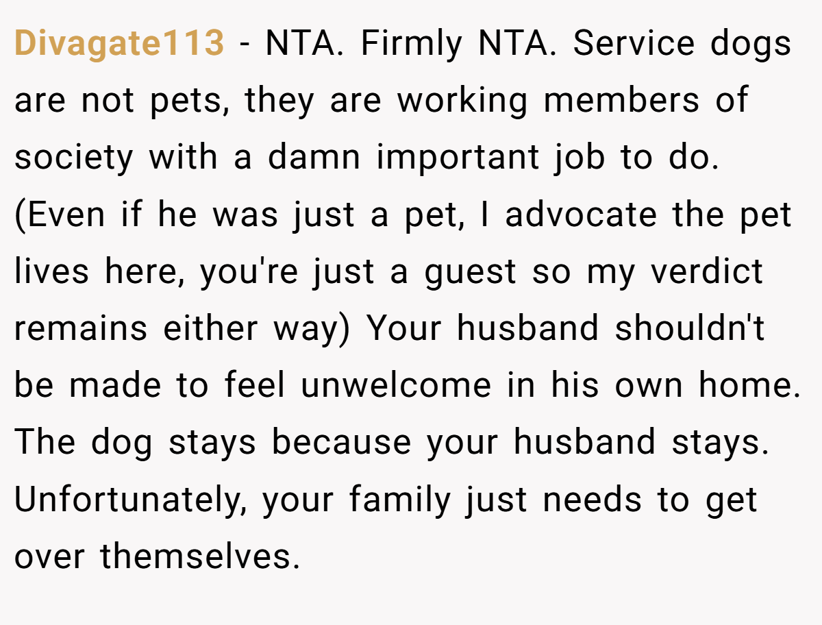 Divagate113 − NTA. Firmly NTA. Service dogs are not pets, they are working members of society with a damn important job to do. (Even if he was just a pet, I advocate the pet lives here, you're just a guest so my verdict remains either way) Your husband shouldn't be made to feel unwelcome in his own home. The dog stays because your husband stays. Unfortunately, your family just needs to get over themselves.