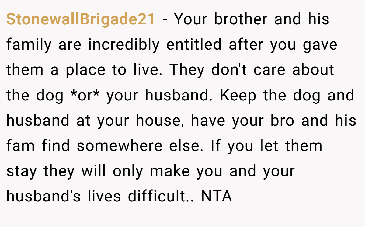 StonewallBrigade21 − Your brother and his family are incredibly entitled after you gave them a place to live. They don't care about the dog *or* your husband. Keep the dog and husband at your house, have your bro and his fam find somewhere else. If you let them stay they will only make you and your husband's lives difficult.. NTA