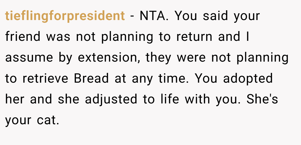 tieflingforpresident − NTA. You said your friend was not planning to return and I assume by extension, they were not planning to retrieve Bread at any time. You adopted her and she adjusted to life with you. She's your cat.