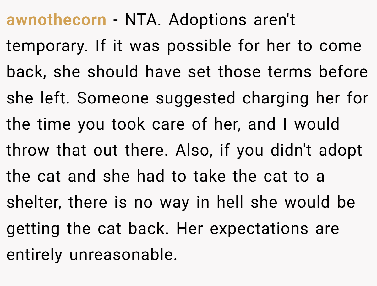 awnothecorn − NTA. Adoptions aren't temporary. If it was possible for her to come back, she should have set those terms before she left. Someone suggested charging her for the time you took care of her, and I would throw that out there. Also, if you didn't adopt the cat and she had to take the cat to a shelter, there is no way in hell she would be getting the cat back. Her expectations are entirely unreasonable.