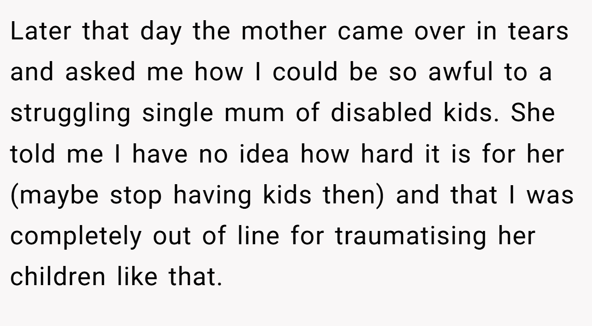 Later that day the mother came over in tears and asked me how I could be so awful to a struggling single mum of disabled kids. She told me I have no idea how hard it is for her (maybe stop having kids then) and that I was completely out of line for traumatising her children like that.