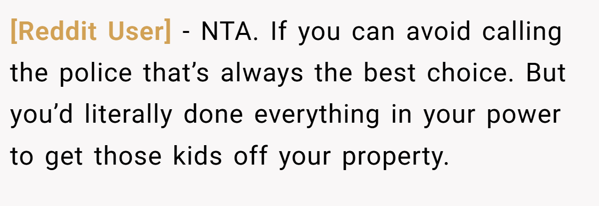 [Reddit User] − NTA. If you can avoid calling the police that’s always the best choice. But you’d literally done everything in your power to get those kids off your property.