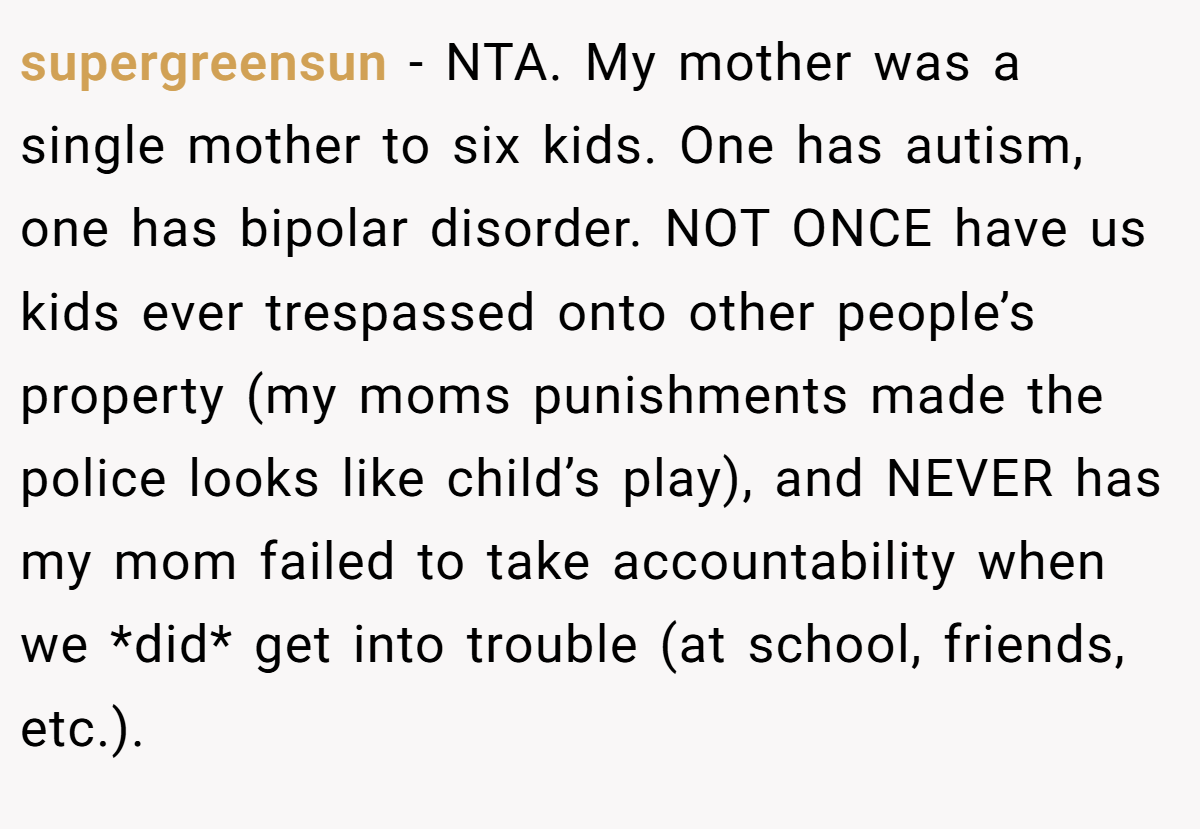 supergreensun − NTA. My mother was a single mother to six kids. One has autism, one has bipolar disorder. NOT ONCE have us kids ever trespassed onto other people’s property (my moms punishments made the police looks like child’s play), and NEVER has my mom failed to take accountability when we *did* get into trouble (at school, friends, etc.).