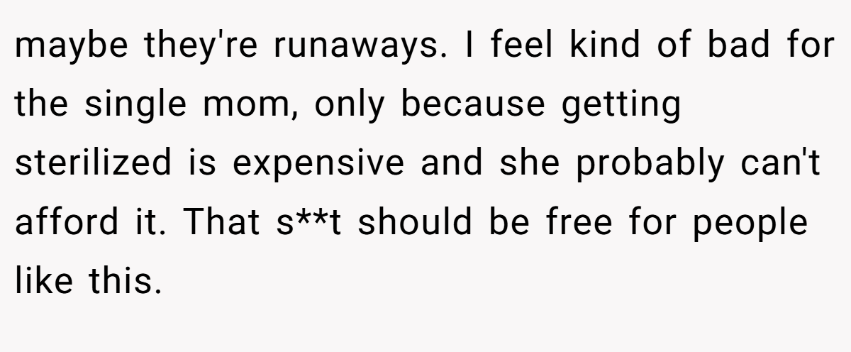 maybe they're runaways. I feel kind of bad for the single mom, only because getting sterilized is expensive and she probably can't afford it. That s**t should be free for people like this.