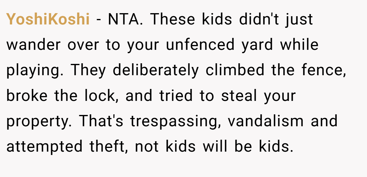 YoshiKoshi − NTA. These kids didn't just wander over to your unfenced yard while playing. They deliberately climbed the fence, broke the lock, and tried to steal your property. That's trespassing, vandalism and attempted theft, not kids will be kids.