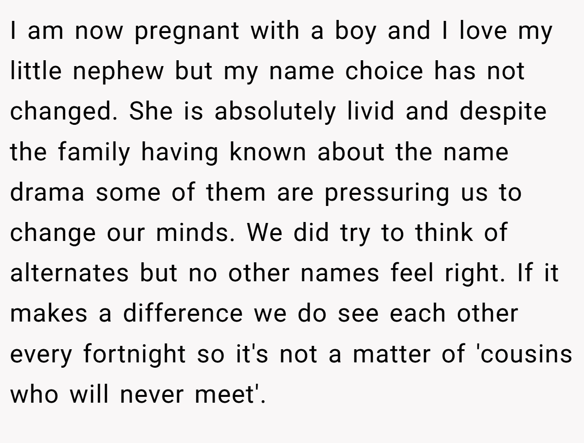 I am now pregnant with a boy and I love my little nephew but my name choice has not changed. She is absolutely livid and despite the family having known about the name drama some of them are pressuring us to change our minds. We did try to think of alternates but no other names feel right. If it makes a difference we do see each other every fortnight so it's not a matter of 'cousins who will never meet'.