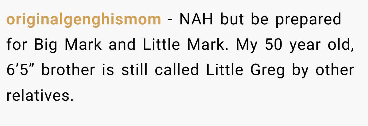 originalgenghismom − NAH but be prepared for Big Mark and Little Mark. My 50 year old, 6’5” brother is still called Little Greg by other relatives.
