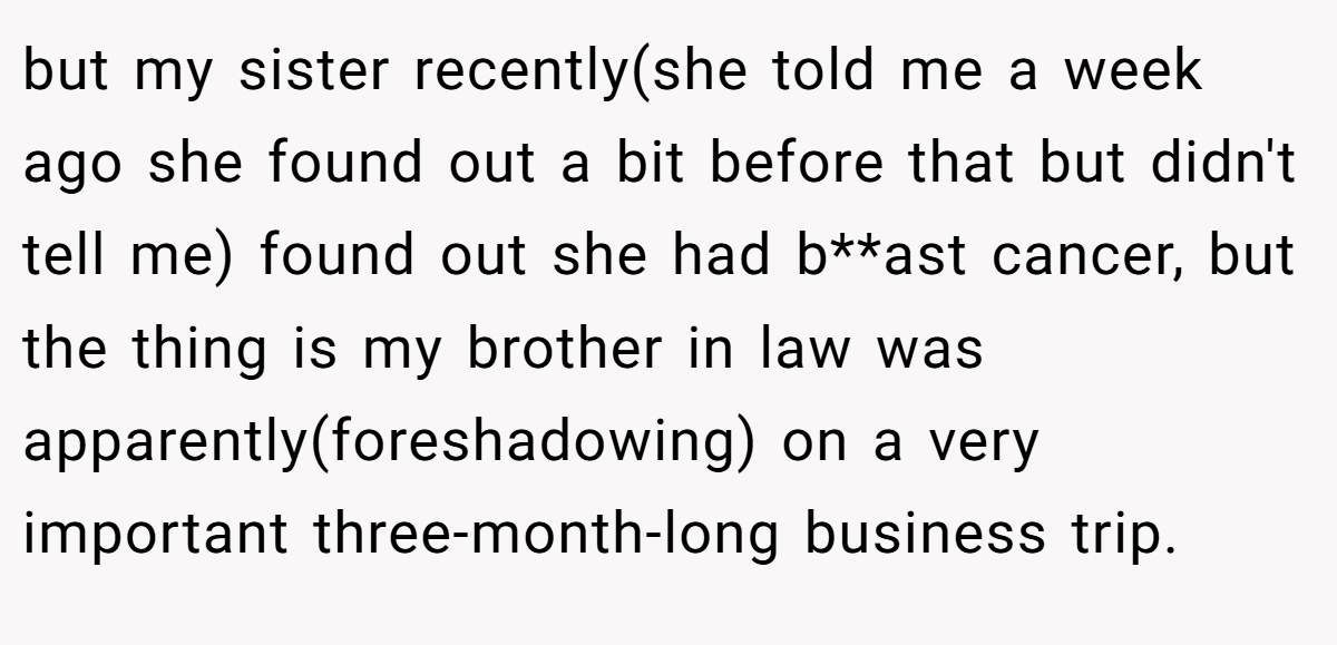 but my sister recently(she told me a week ago she found out a bit before that but didn't tell me) found out she had b**ast cancer, but the thing is my brother in law was apparently(foreshadowing) on a very important three-month-long business trip.