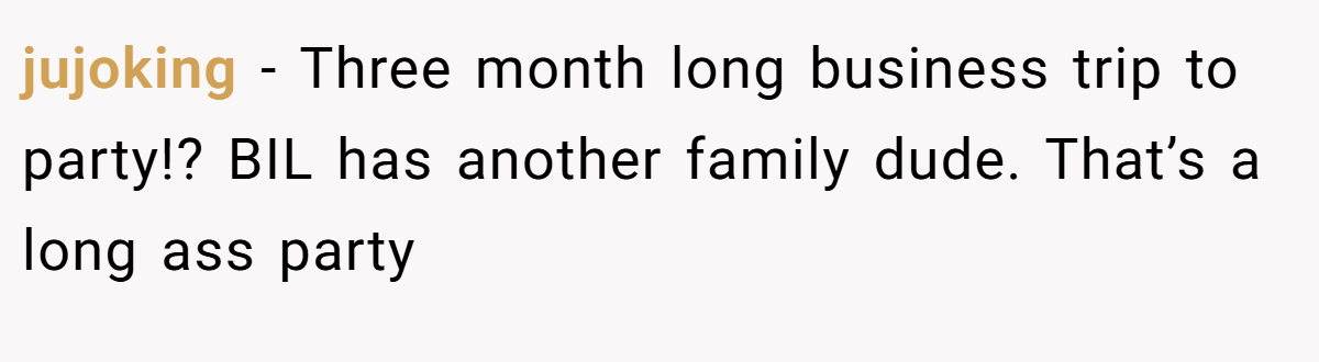 jujoking − Three month long business trip to party!? BIL has another family dude. That’s a long ass party