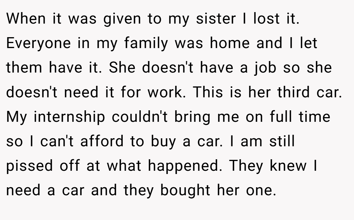 When it was given to my sister I lost it. Everyone in my family was home and I let them have it. She doesn't have a job so she doesn't need it for work. This is her third car. My internship couldn't bring me on full time so I can't afford to buy a car. I am still pissed off at what happened. They knew I need a car and they bought her one.