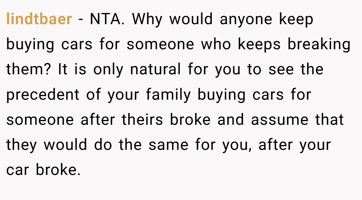 lindtbaer − NTA. Why would anyone keep buying cars for someone who keeps breaking them? It is only natural for you to see the precedent of your family buying cars for someone after theirs broke and assume that they would do the same for you, after your car broke.