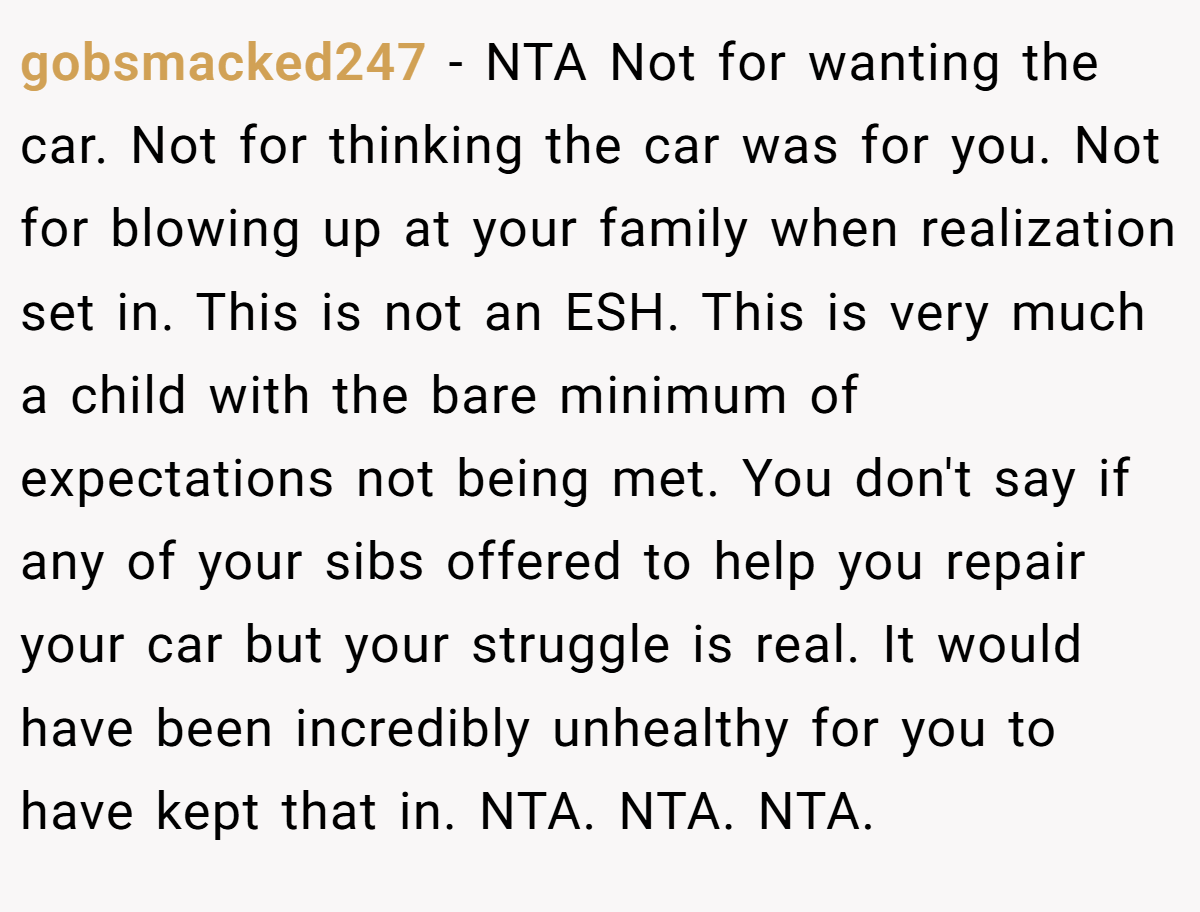 gobsmacked247 − NTA Not for wanting the car. Not for thinking the car was for you. Not for blowing up at your family when realization set in. This is not an ESH. This is very much a child with the bare minimum of expectations not being met. You don't say if any of your sibs offered to help you repair your car but your struggle is real. It would have been incredibly unhealthy for you to have kept that in. NTA. NTA. NTA.