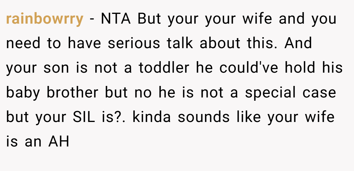 rainbowrry − NTA But your your wife and you need to have serious talk about this. And your son is not a toddler he could've hold his baby brother but no he is not a special case but your SIL is?. kinda sounds like your wife is an AH